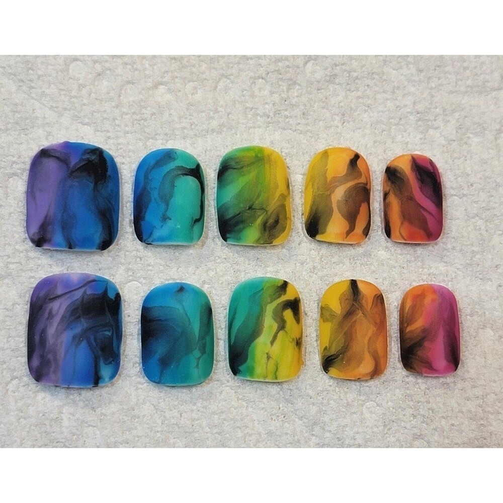 Rainbow Tye Dye Marble Stained Glass Matte Short Square press on nails